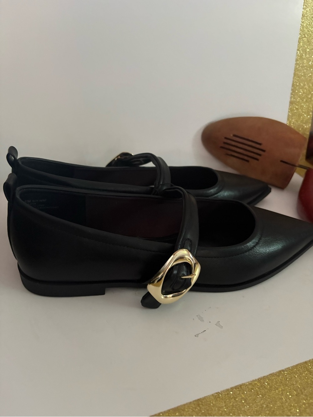 Worthington Black Pointed Mary Jane Flats with Gold Buckle - Picture 4 of 6